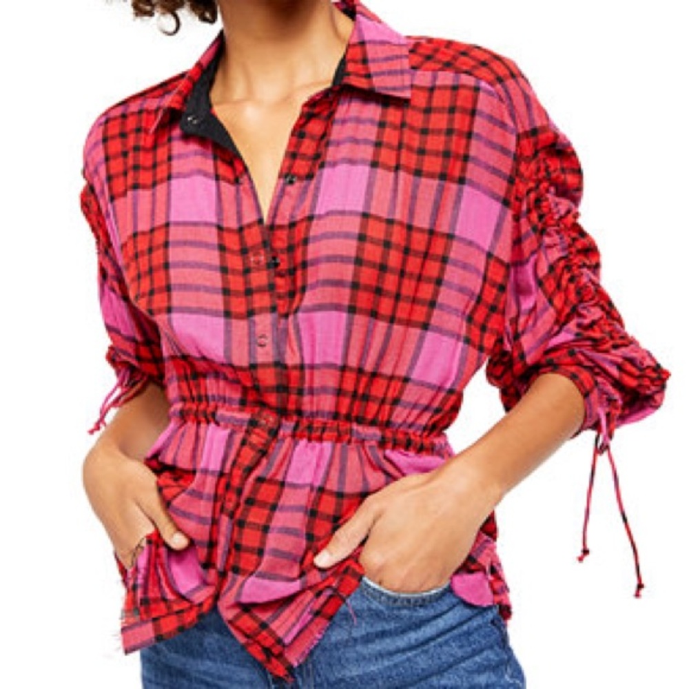 Free People plaid button shirt drawstring waist crop pacific dawn xs Red Pink